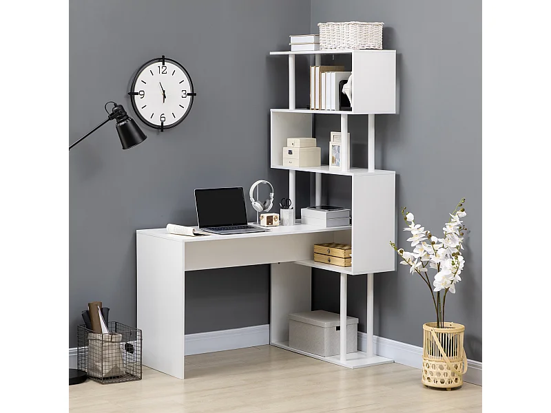 Bureau informatique design contemporain avec bibliothèque zig zag 4 étagères panneaux particules blanc