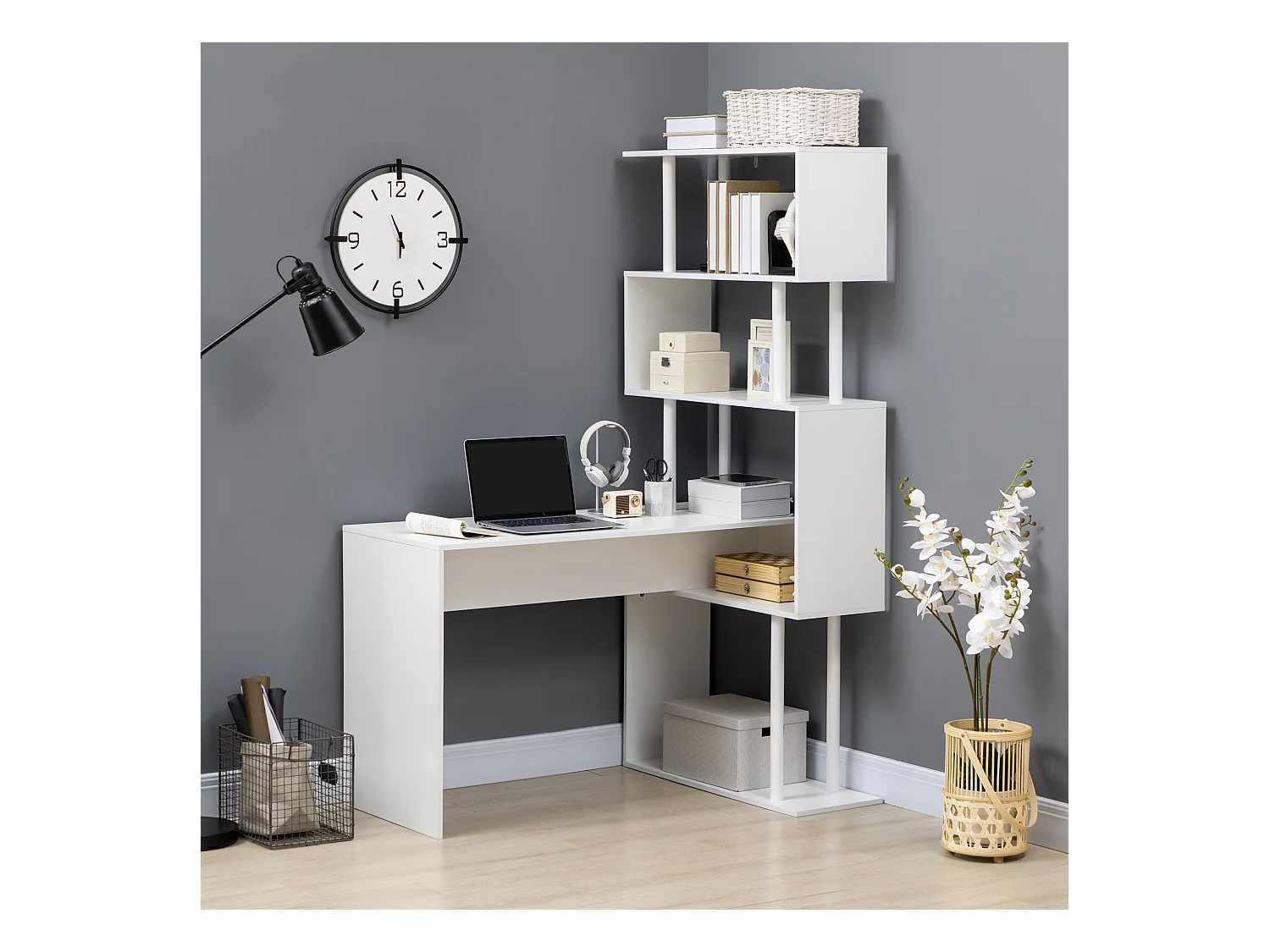 Bureau informatique design contemporain avec bibliothèque zig zag 4 étagères panneaux particules blanc