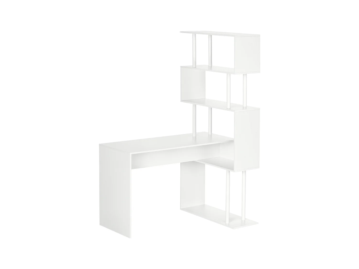 Bureau informatique design contemporain avec bibliothèque zig zag 4 étagères panneaux particules blanc