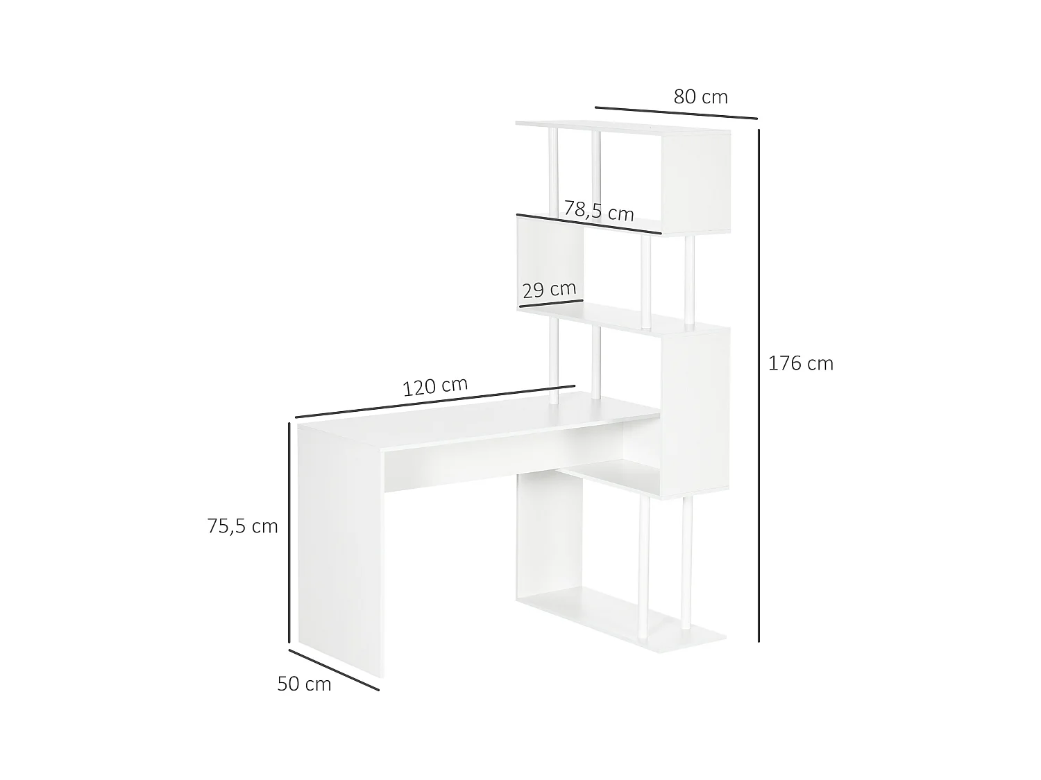 Bureau informatique design contemporain avec bibliothèque zig zag 4 étagères panneaux particules blanc