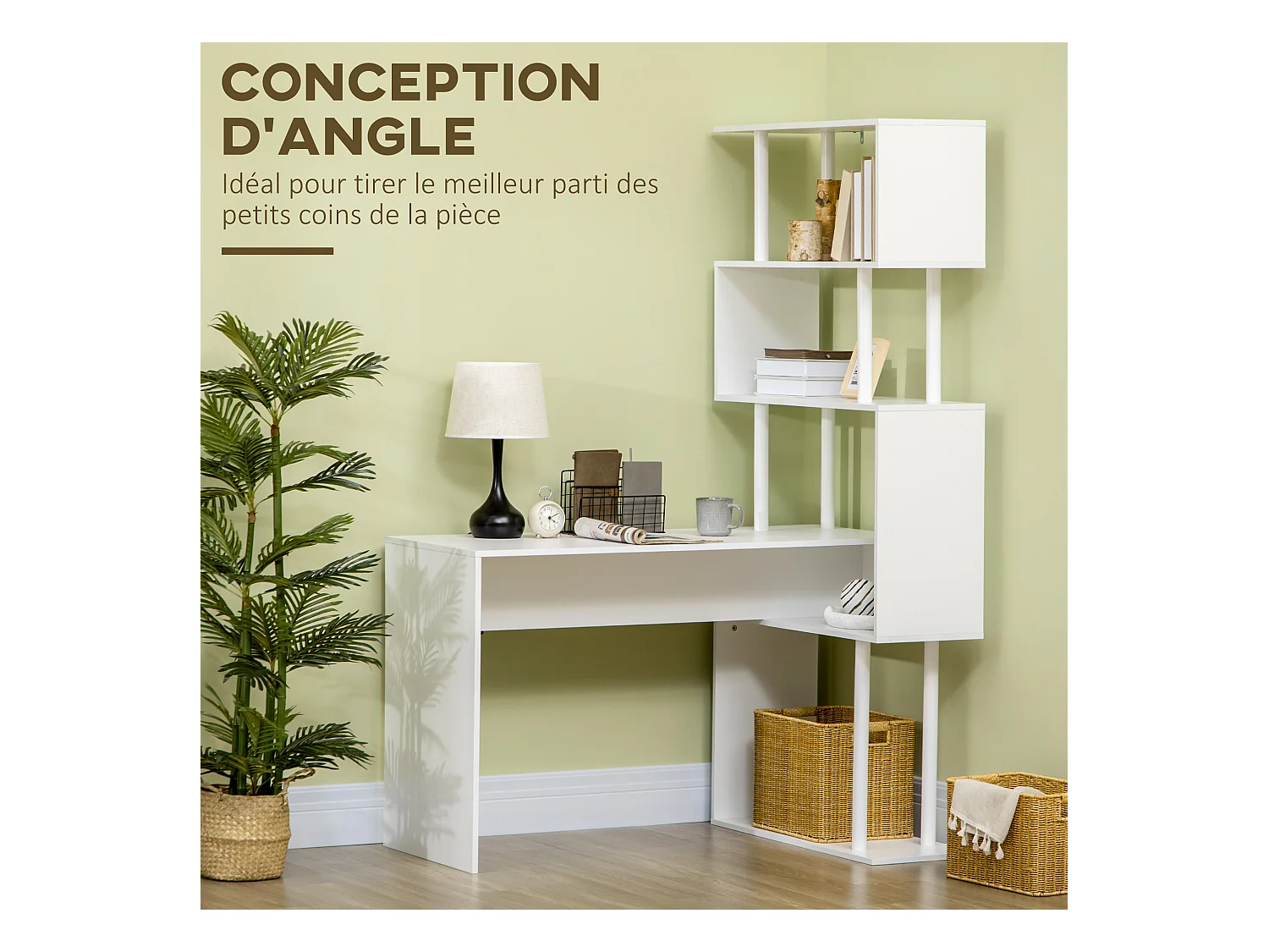 Bureau informatique design contemporain avec bibliothèque zig zag 4 étagères panneaux particules blanc