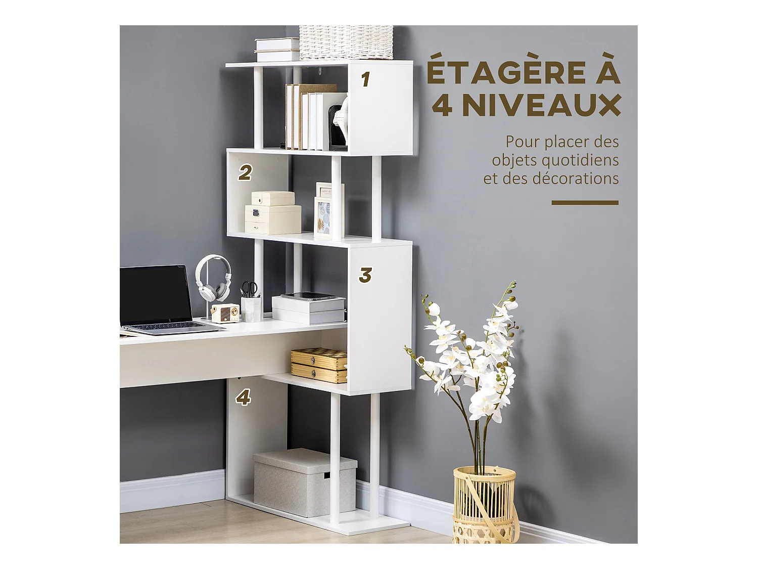 Bureau informatique design contemporain avec bibliothèque zig zag 4 étagères panneaux particules blanc