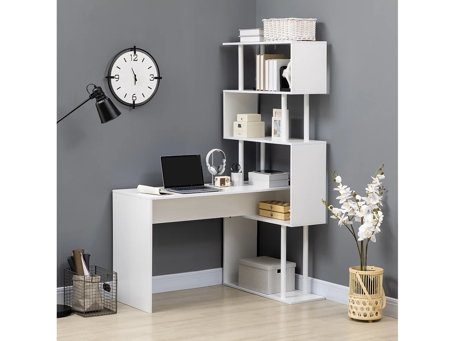 Bureau informatique design contemporain avec bibliothèque zig zag 4 étagères panneaux particules blanc