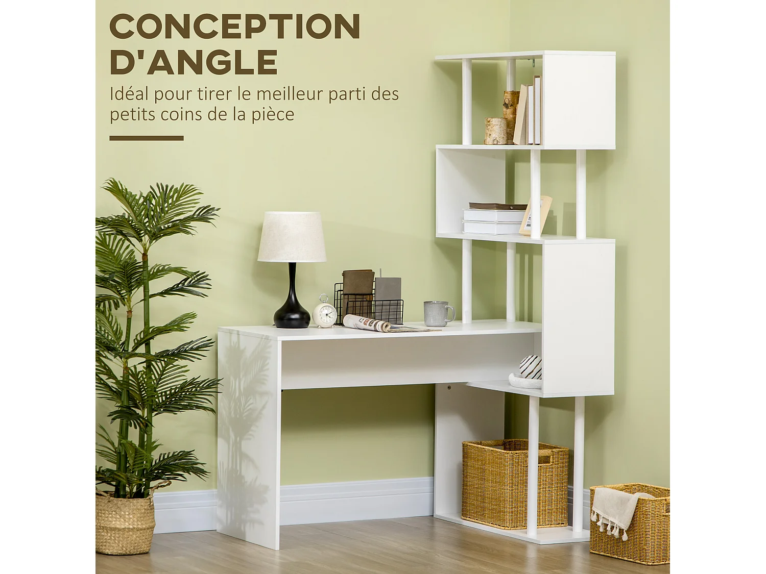 Bureau informatique design contemporain avec bibliothèque zig zag 4 étagères panneaux particules blanc