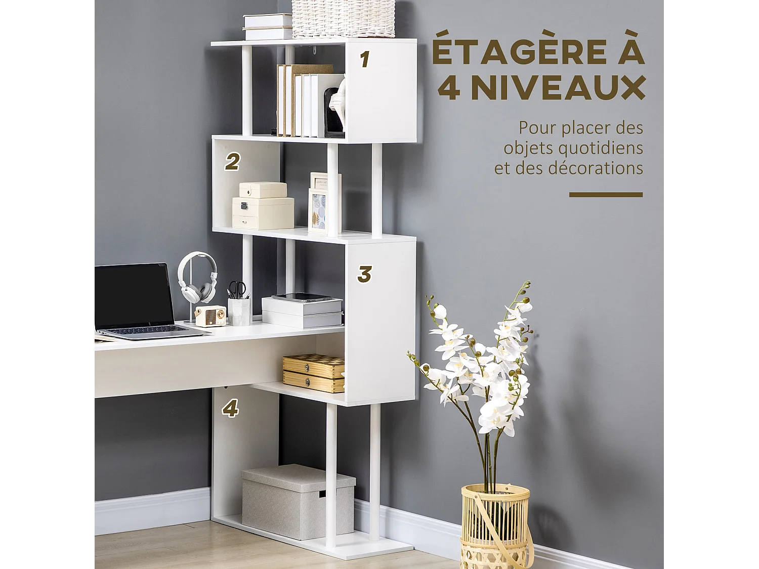 Bureau informatique design contemporain avec bibliothèque zig zag 4 étagères panneaux particules blanc