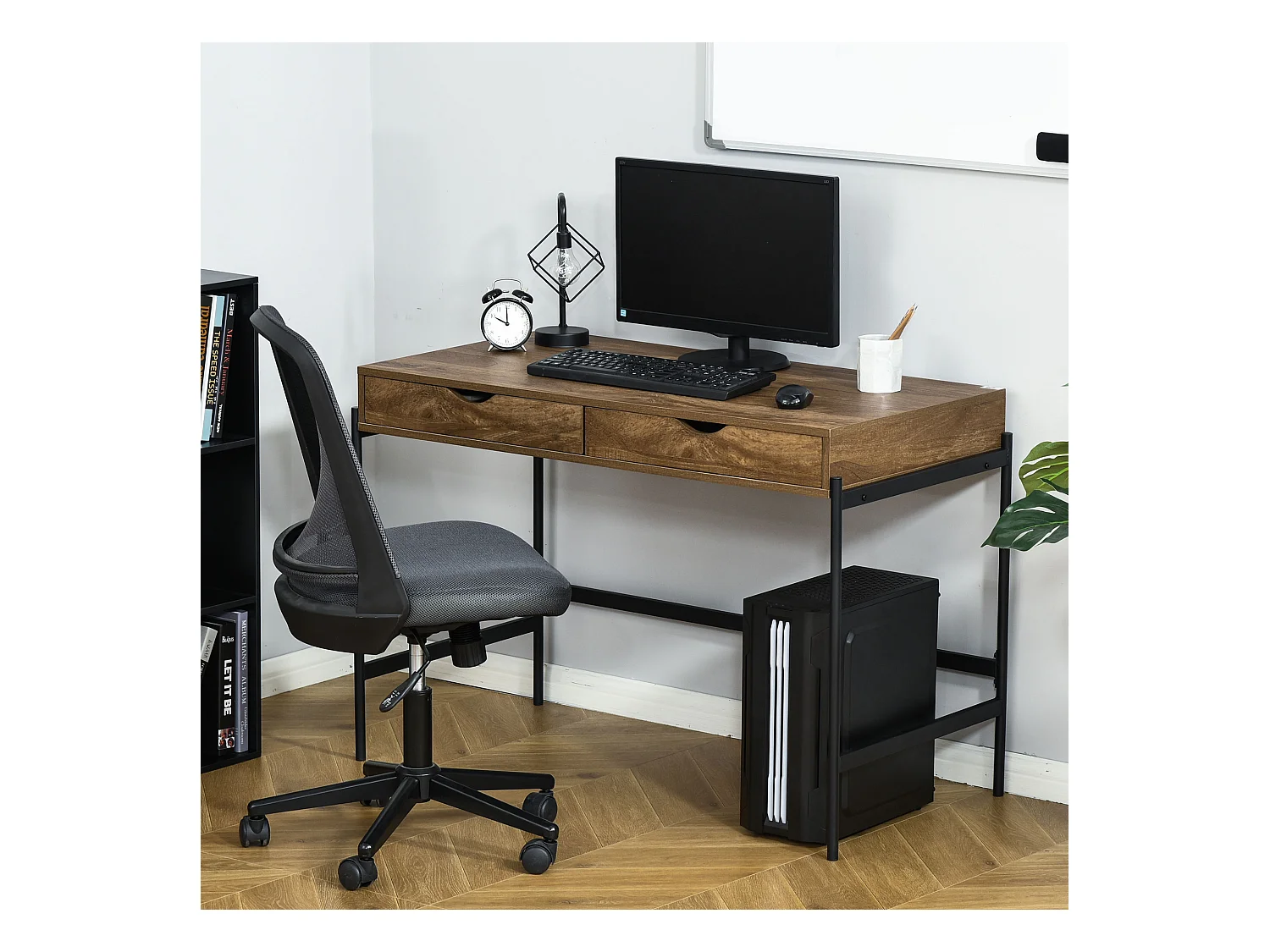 Bureau style industriel dim. 110L x 55l x 75H cm cm tiroir + 2 tiroirs piètement métal noir plateau MDF aspect bois