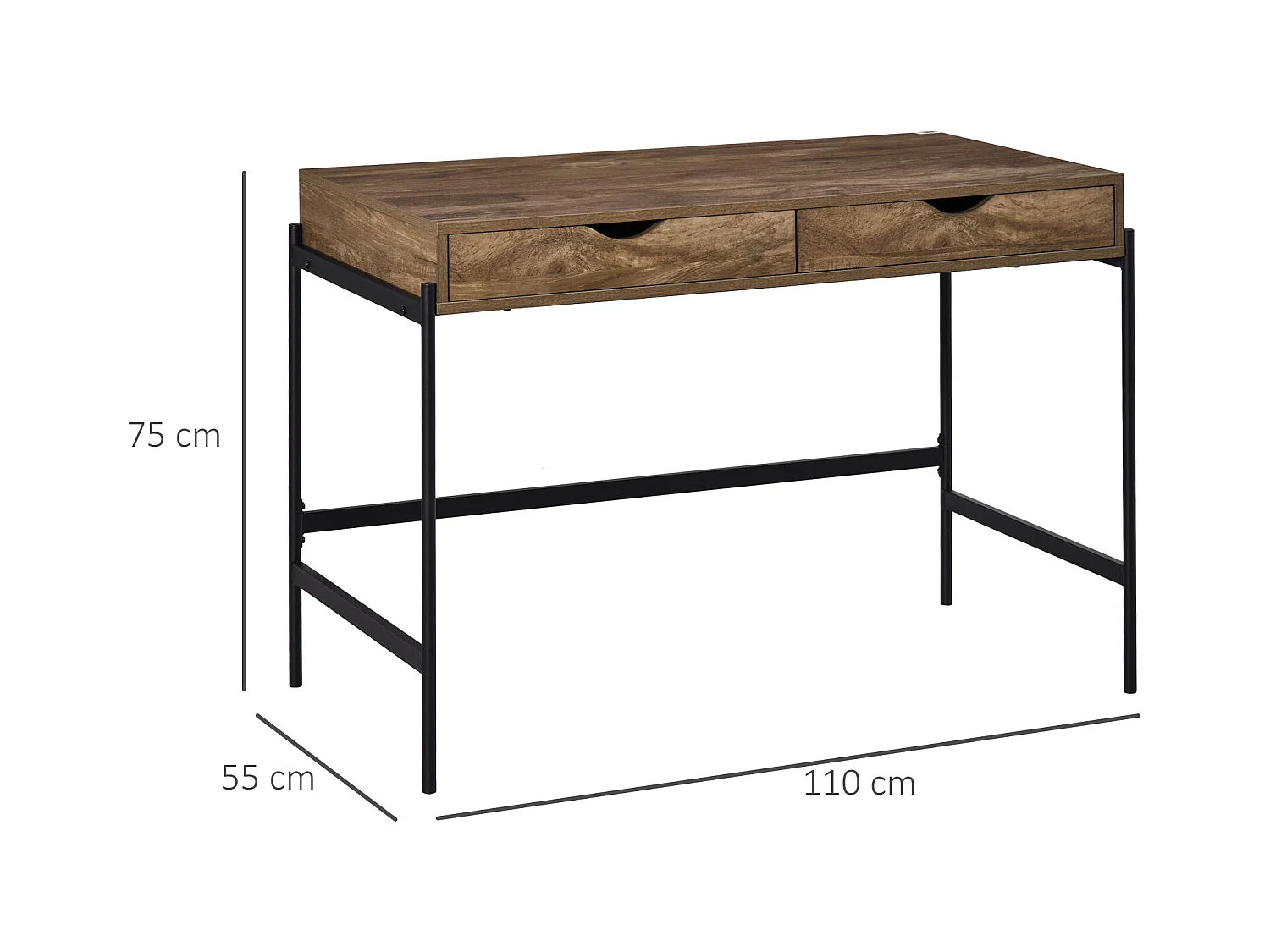 Bureau style industriel dim. 110L x 55l x 75H cm cm tiroir + 2 tiroirs piètement métal noir plateau MDF aspect bois