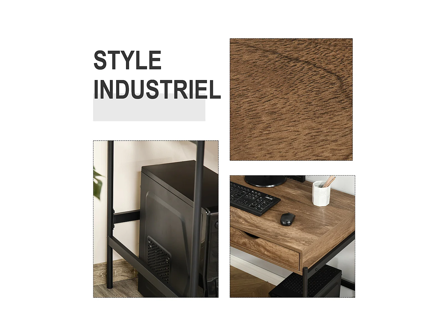 Bureau style industriel dim. 110L x 55l x 75H cm cm tiroir + 2 tiroirs piètement métal noir plateau MDF aspect bois