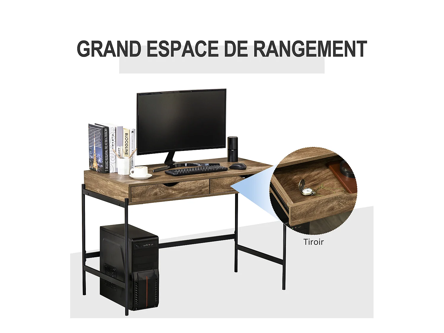 Bureau style industriel dim. 110L x 55l x 75H cm cm tiroir + 2 tiroirs piètement métal noir plateau MDF aspect bois