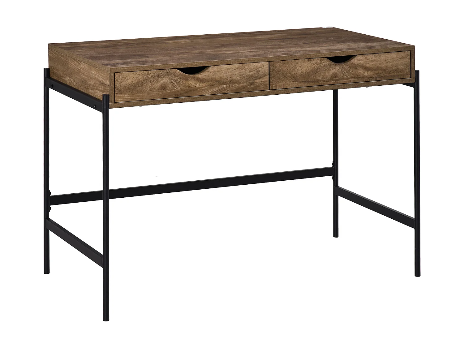 Bureau style industriel dim. 110L x 55l x 75H cm cm tiroir + 2 tiroirs piètement métal noir plateau MDF aspect bois
