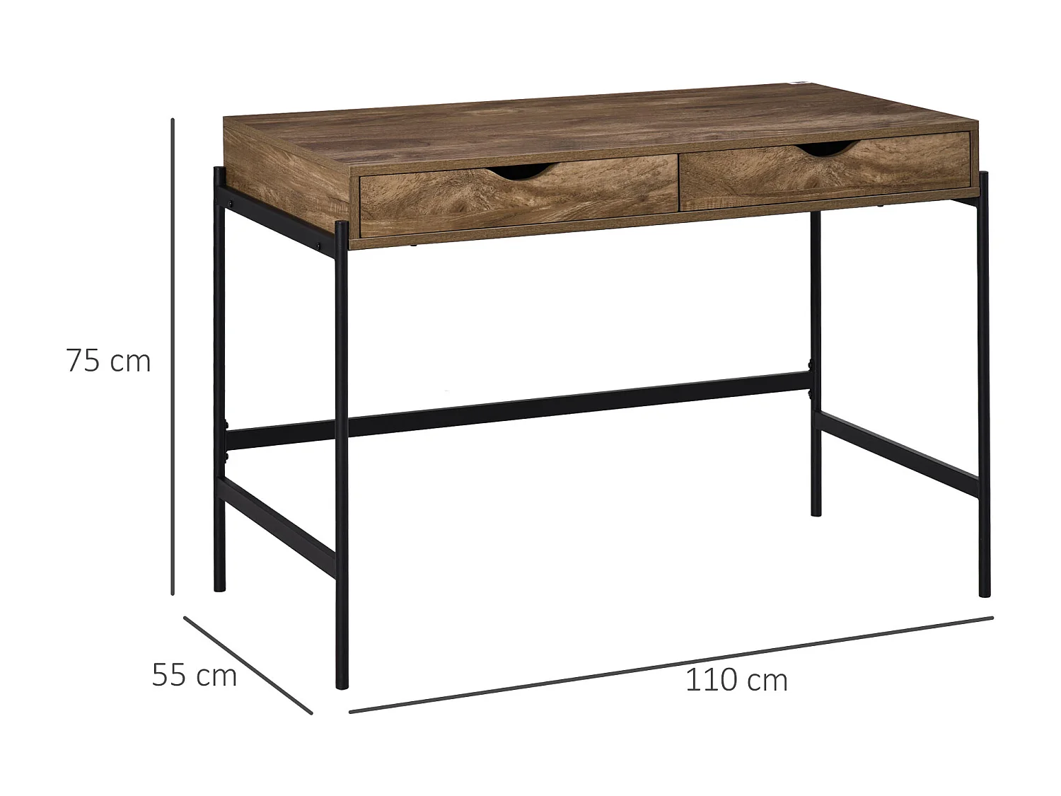 Bureau style industriel dim. 110L x 55l x 75H cm cm tiroir + 2 tiroirs piètement métal noir plateau MDF aspect bois