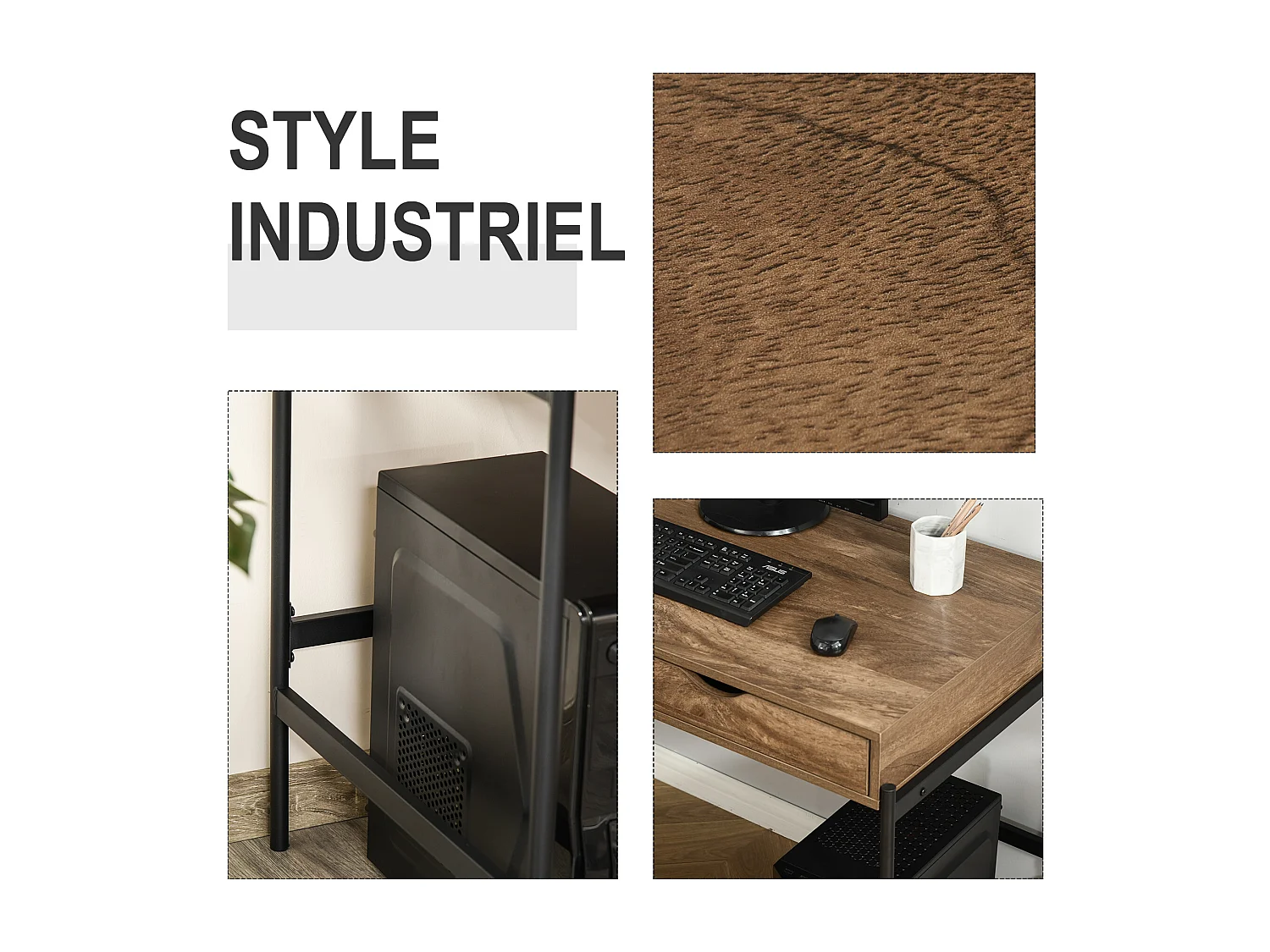 Bureau style industriel dim. 110L x 55l x 75H cm cm tiroir + 2 tiroirs piètement métal noir plateau MDF aspect bois
