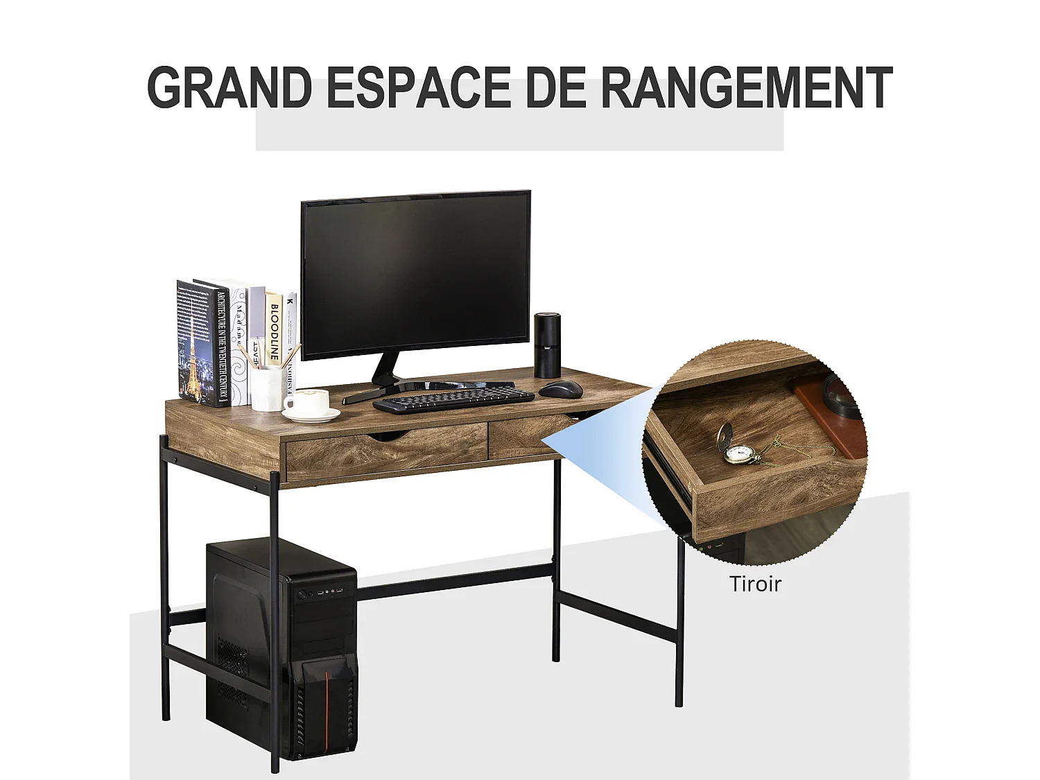 Bureau style industriel dim. 110L x 55l x 75H cm cm tiroir + 2 tiroirs piètement métal noir plateau MDF aspect bois