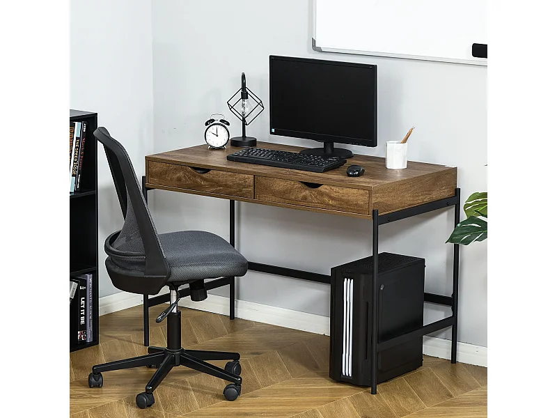 Bureau style industriel dim. 110L x 55l x 75H cm cm tiroir + 2 tiroirs piètement métal noir plateau MDF aspect bois