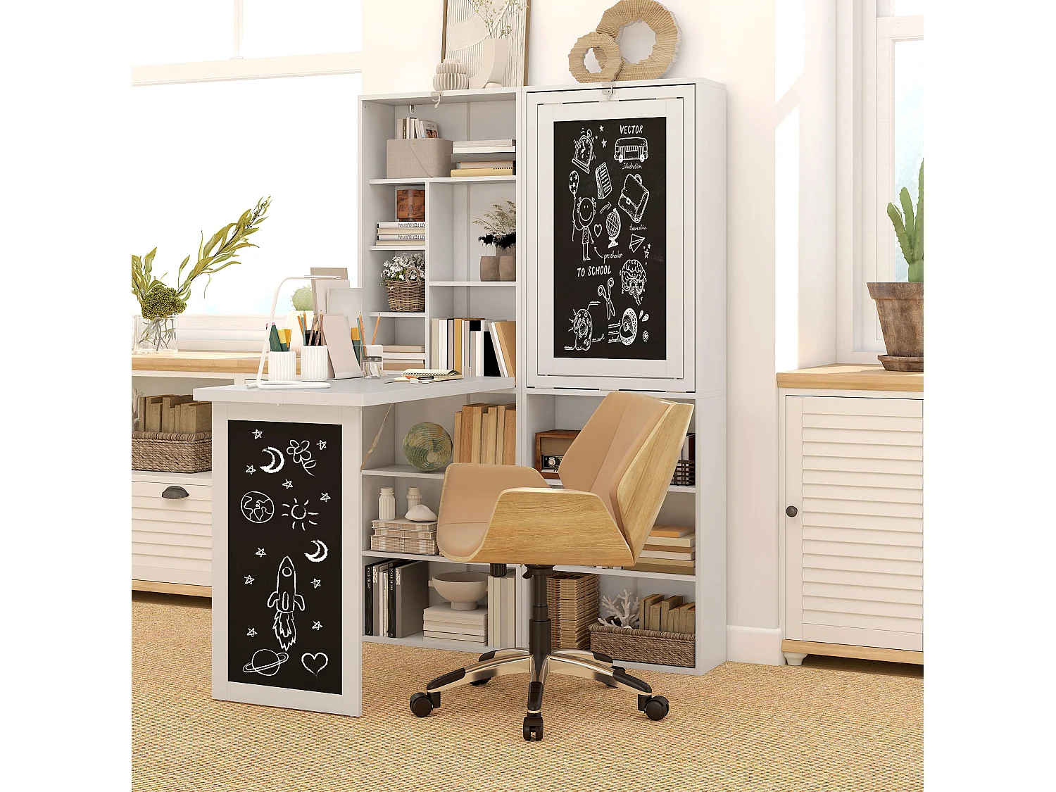 Bureau mural pliable table murale rabattable suspendue sur pied avec bibliothèque tableau à craie intégré panneaux particules blanc