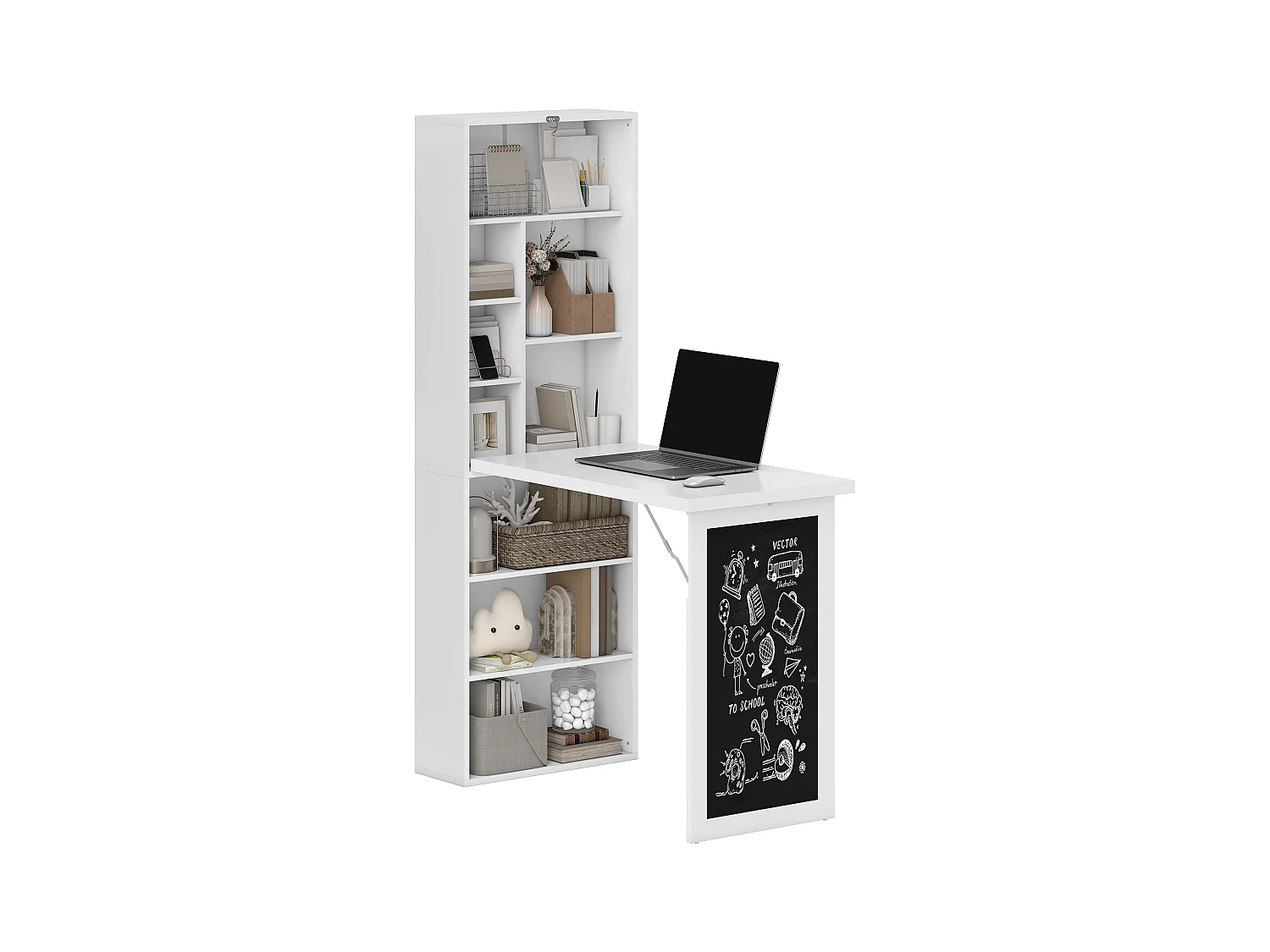 Bureau mural pliable table murale rabattable suspendue sur pied avec bibliothèque tableau à craie intégré panneaux particules blanc
