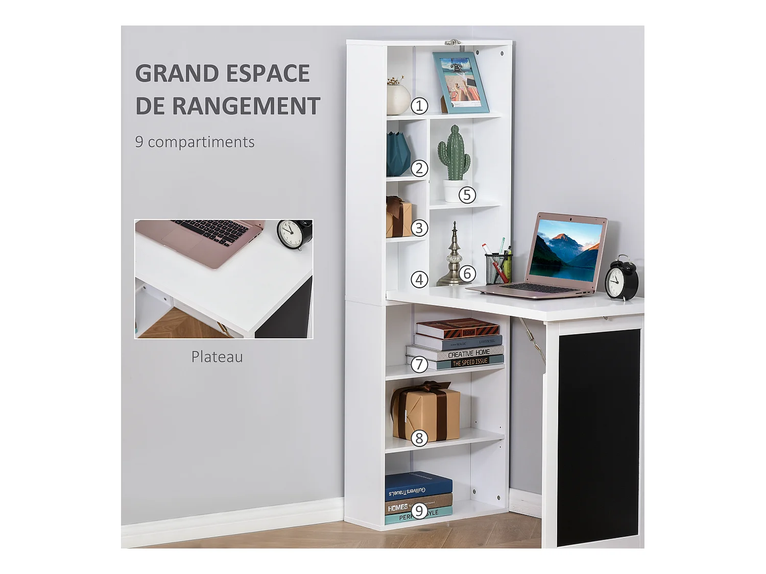Bureau mural pliable table murale rabattable suspendue sur pied avec bibliothèque tableau à craie intégré panneaux particules blanc