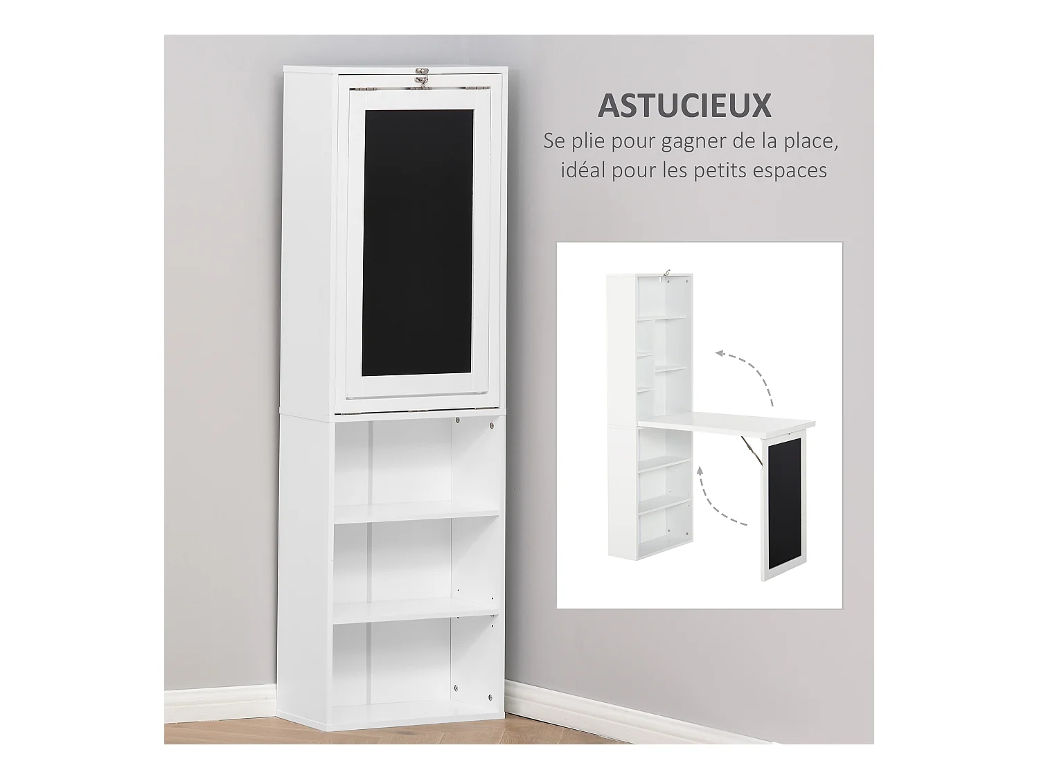 Bureau mural pliable table murale rabattable suspendue sur pied avec bibliothèque tableau à craie intégré panneaux particules blanc