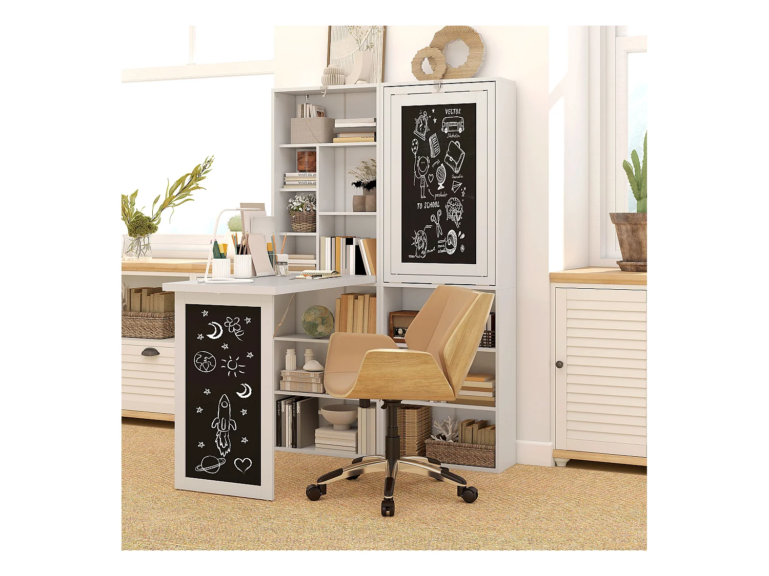 Bureau mural pliable table murale rabattable suspendue sur pied avec bibliothèque tableau à craie intégré panneaux particules blanc