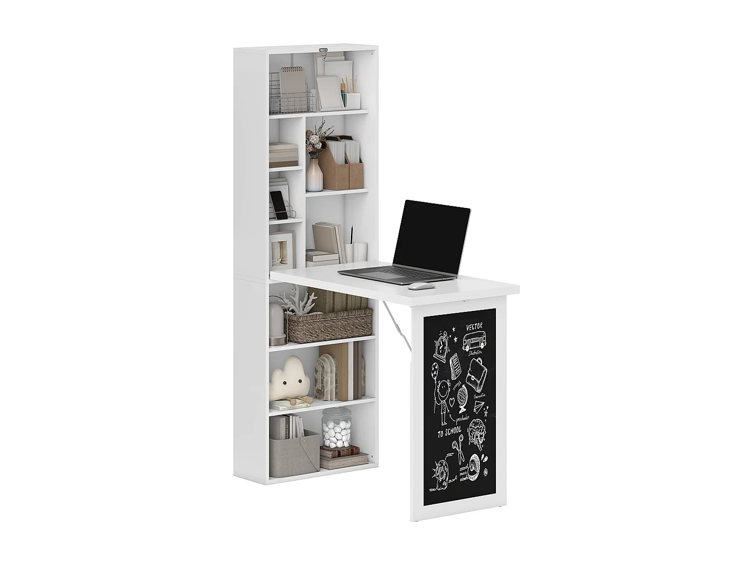 Bureau mural pliable table murale rabattable suspendue sur pied avec bibliothèque tableau à craie intégré panneaux particules blanc