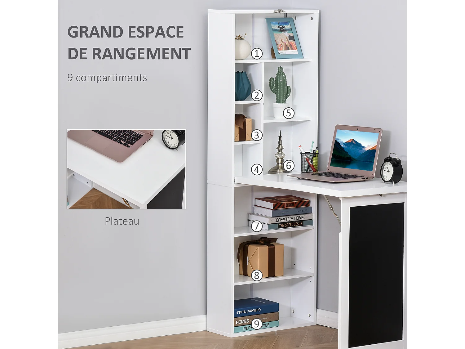 Bureau mural pliable table murale rabattable suspendue sur pied avec bibliothèque tableau à craie intégré panneaux particules blanc
