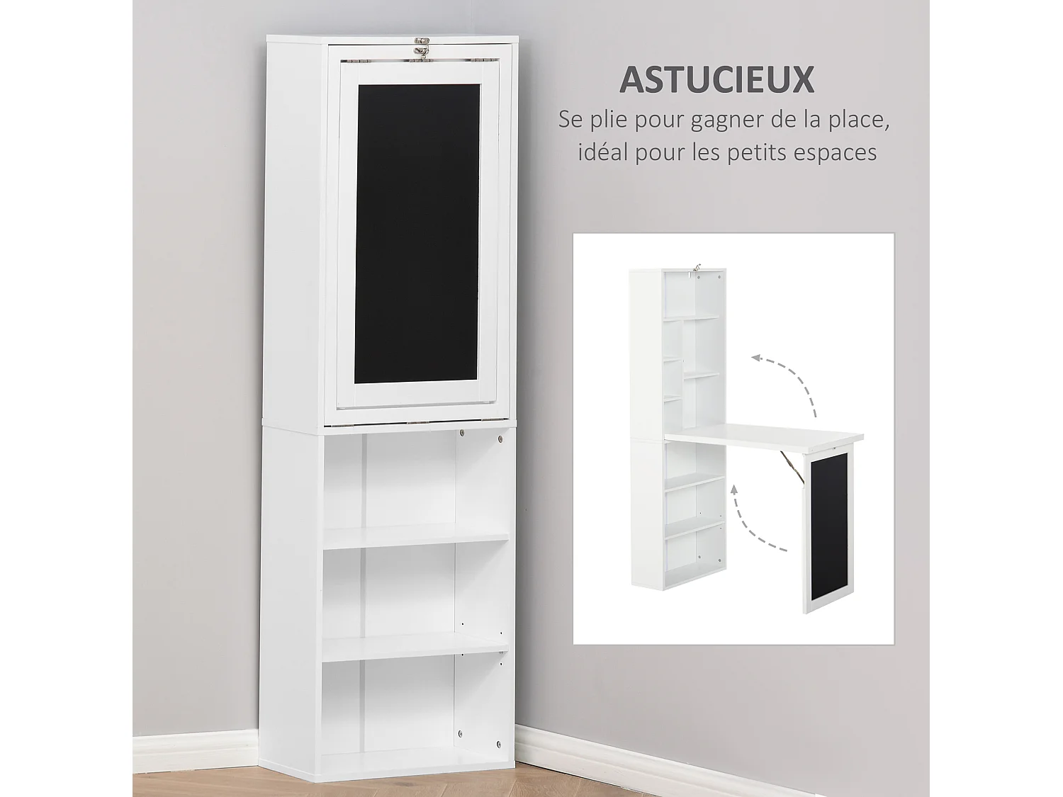 Bureau mural pliable table murale rabattable suspendue sur pied avec bibliothèque tableau à craie intégré panneaux particules blanc