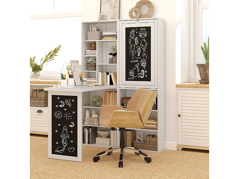Bureau mural pliable table murale rabattable suspendue sur pied avec bibliothèque tableau à craie intégré panneaux particules blanc