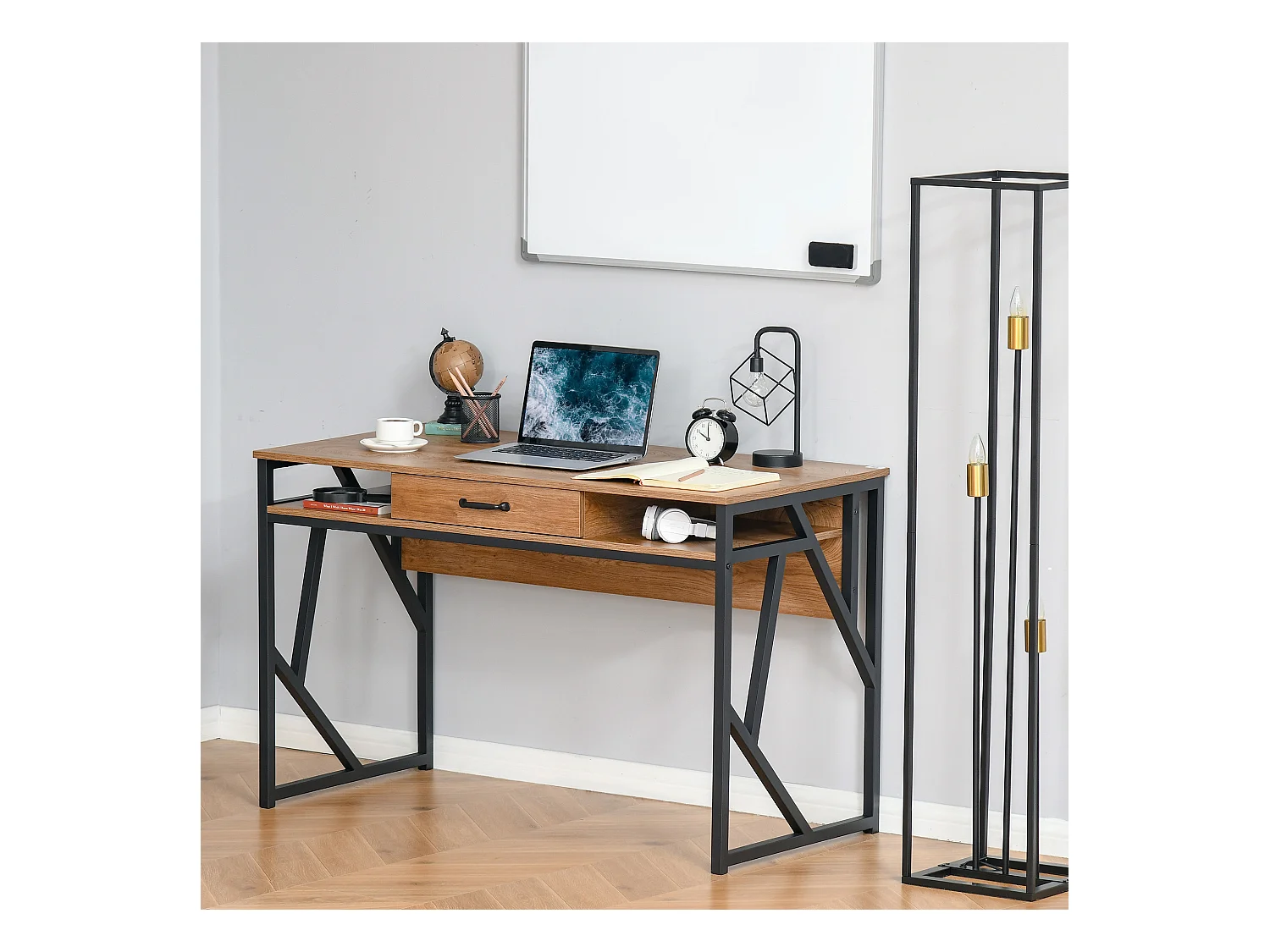 Bureau style industriel dim. 120L x 60l x 76H cm tiroir + 2 niches piètement métal noir plateau aspect bois noyer