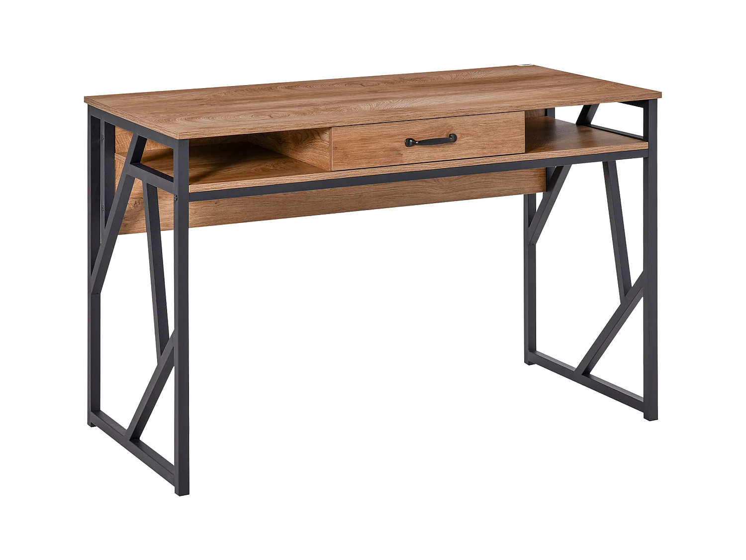 Bureau style industriel dim. 120L x 60l x 76H cm tiroir + 2 niches piètement métal noir plateau aspect bois noyer