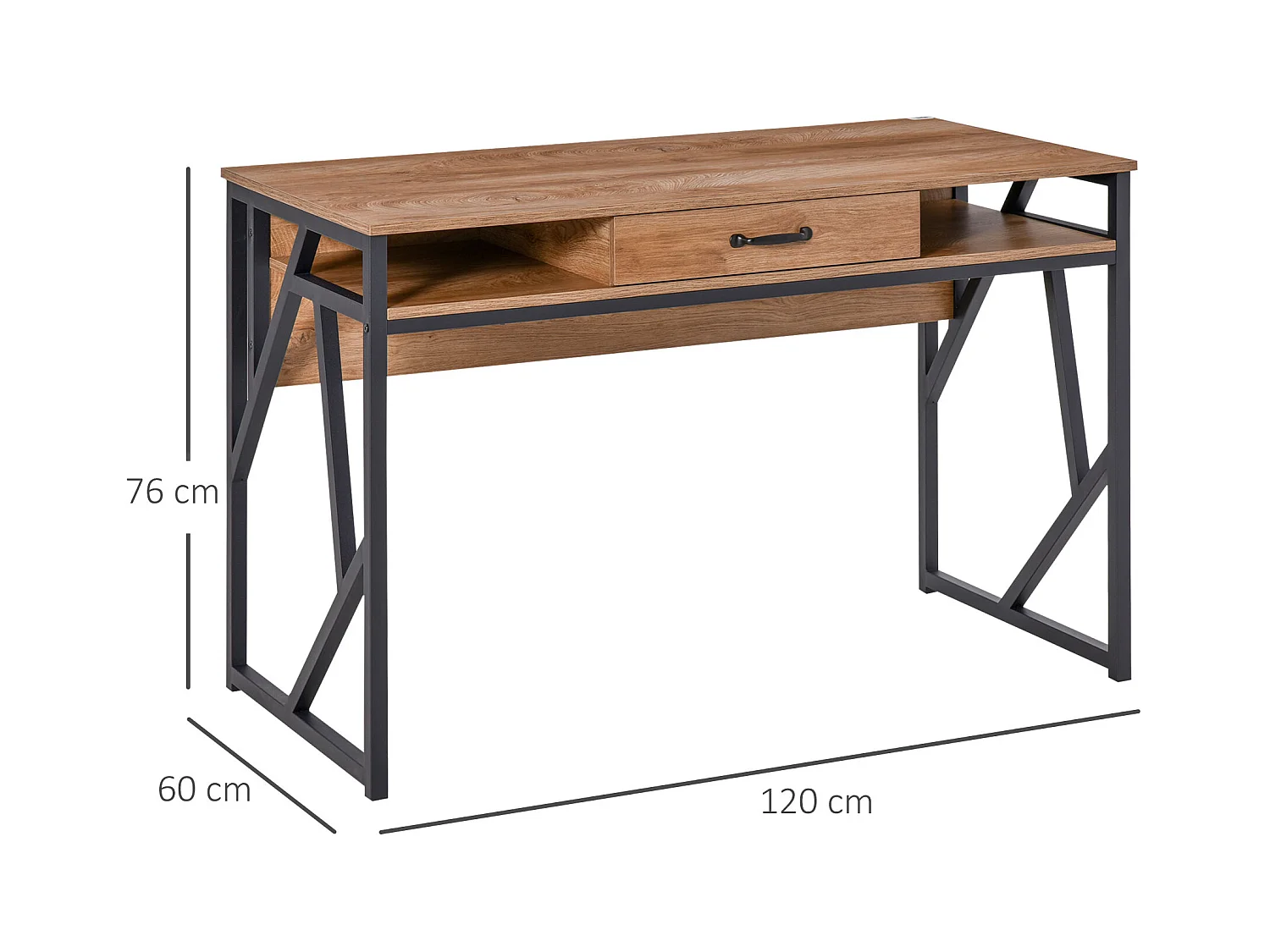Bureau style industriel dim. 120L x 60l x 76H cm tiroir + 2 niches piètement métal noir plateau aspect bois noyer