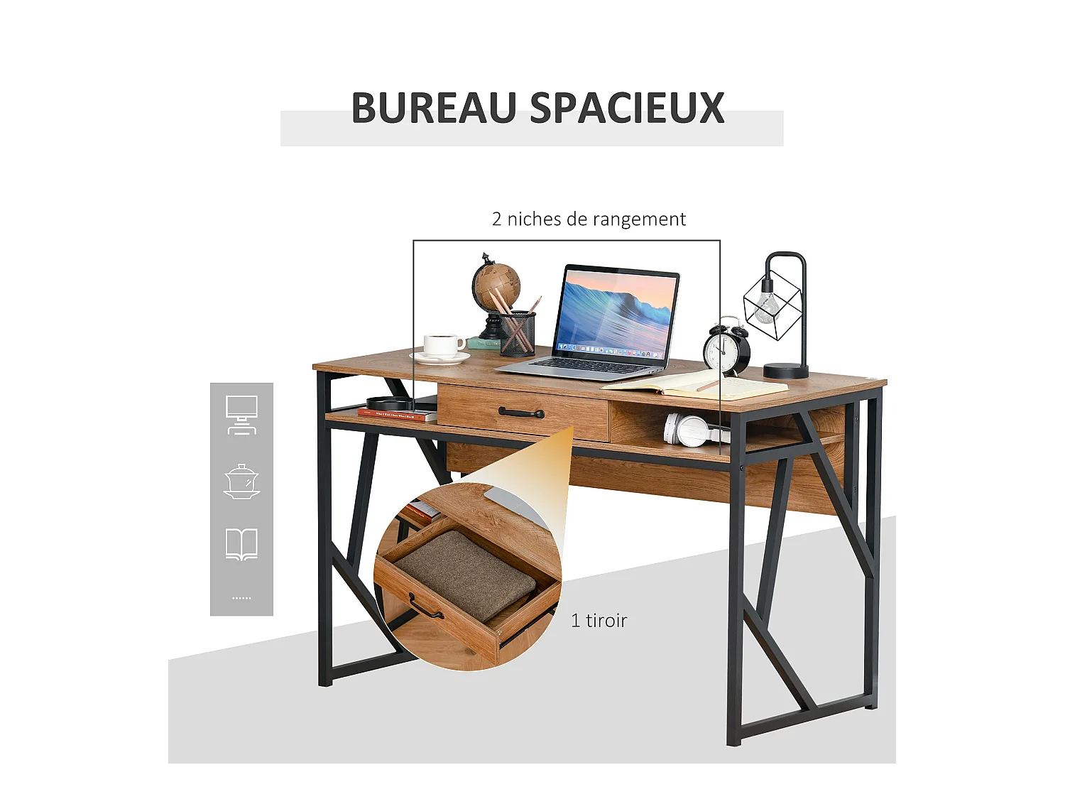 Bureau style industriel dim. 120L x 60l x 76H cm tiroir + 2 niches piètement métal noir plateau aspect bois noyer