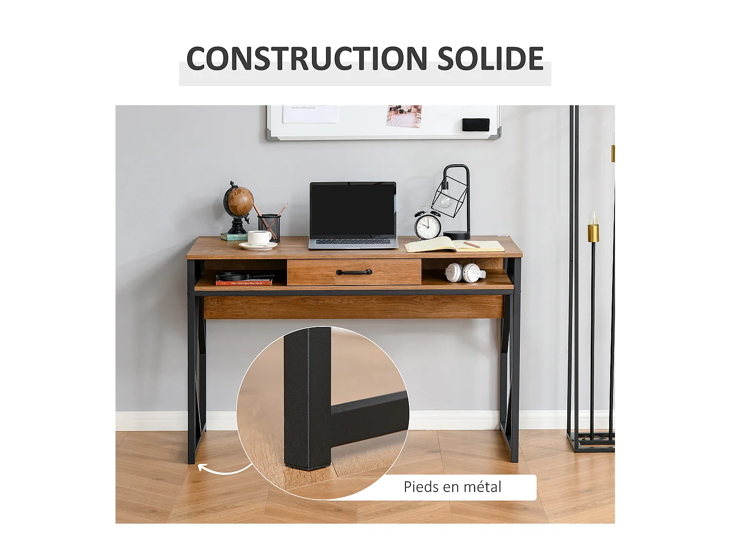 Bureau style industriel dim. 120L x 60l x 76H cm tiroir + 2 niches piètement métal noir plateau aspect bois noyer