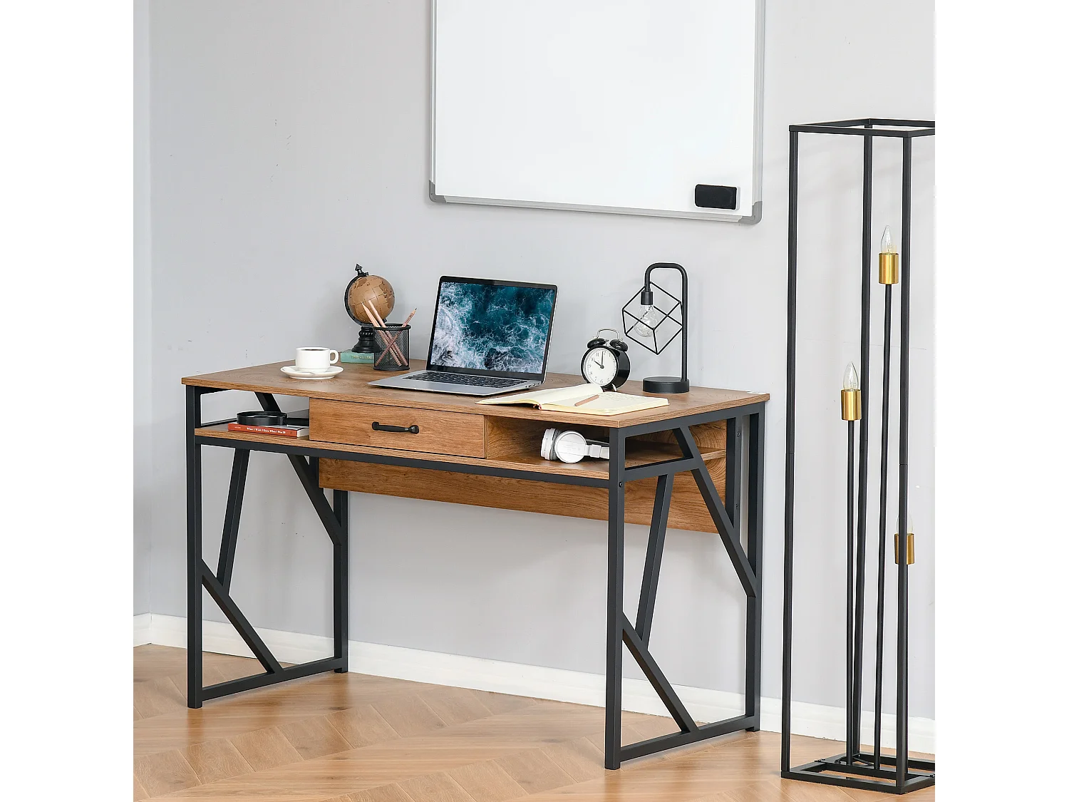 Bureau style industriel dim. 120L x 60l x 76H cm tiroir + 2 niches piètement métal noir plateau aspect bois noyer