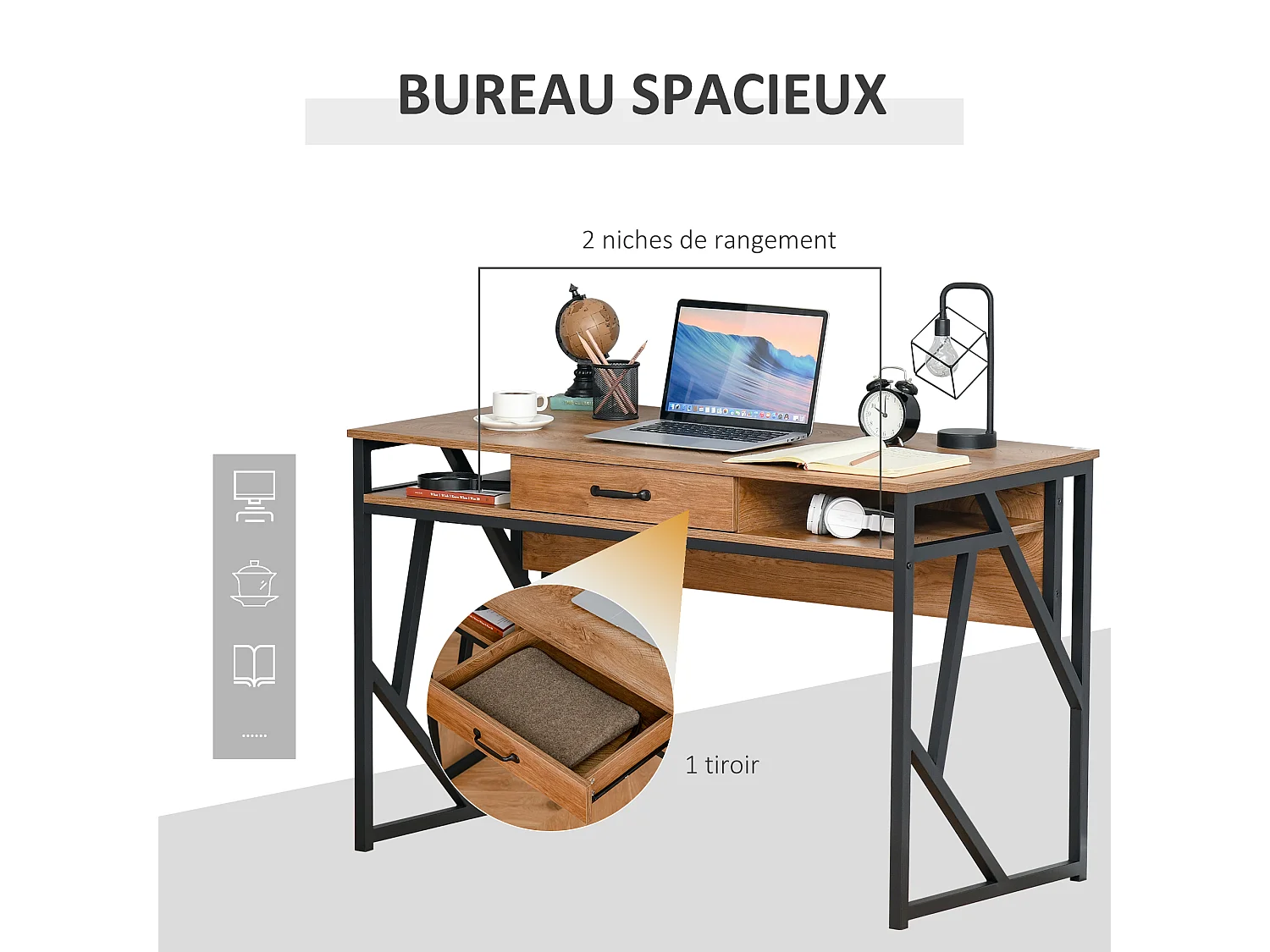 Bureau style industriel dim. 120L x 60l x 76H cm tiroir + 2 niches piètement métal noir plateau aspect bois noyer