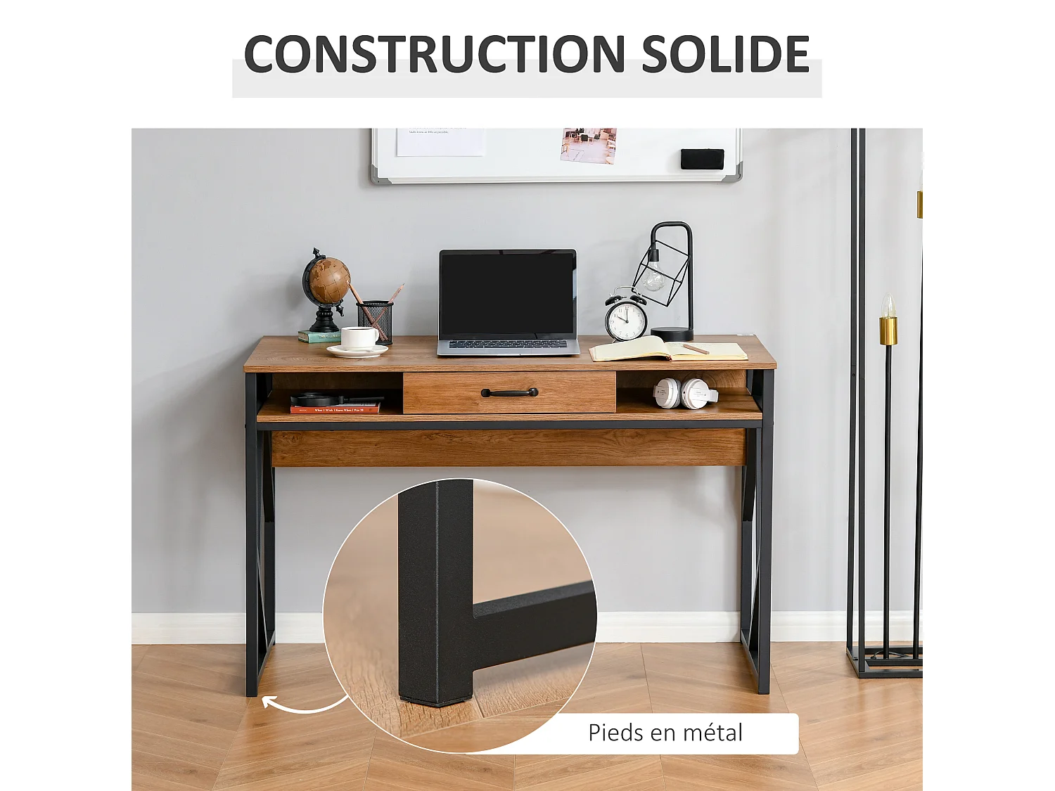 Bureau style industriel dim. 120L x 60l x 76H cm tiroir + 2 niches piètement métal noir plateau aspect bois noyer