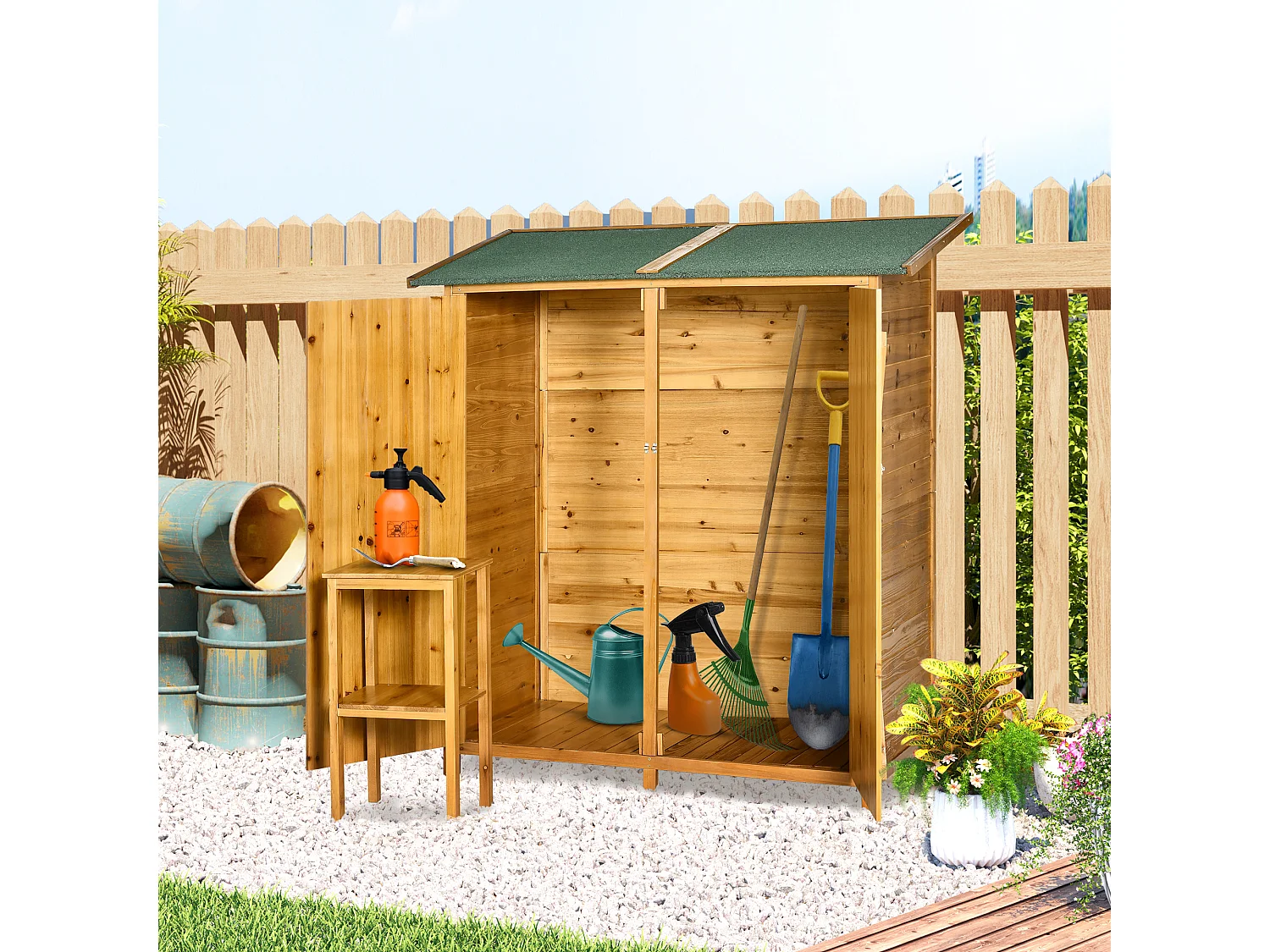 Abri de jardin armoire de jardin remise pour outils sur pied dim. 140L x 75l x 157H cm 2 étagères 2 portes toit bitumé étanche bois sapin pré-huilé