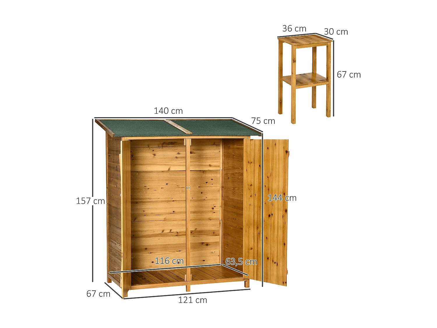 Abri de jardin armoire de jardin remise pour outils sur pied dim. 140L x 75l x 157H cm 2 étagères 2 portes toit bitumé étanche bois sapin pré-huilé