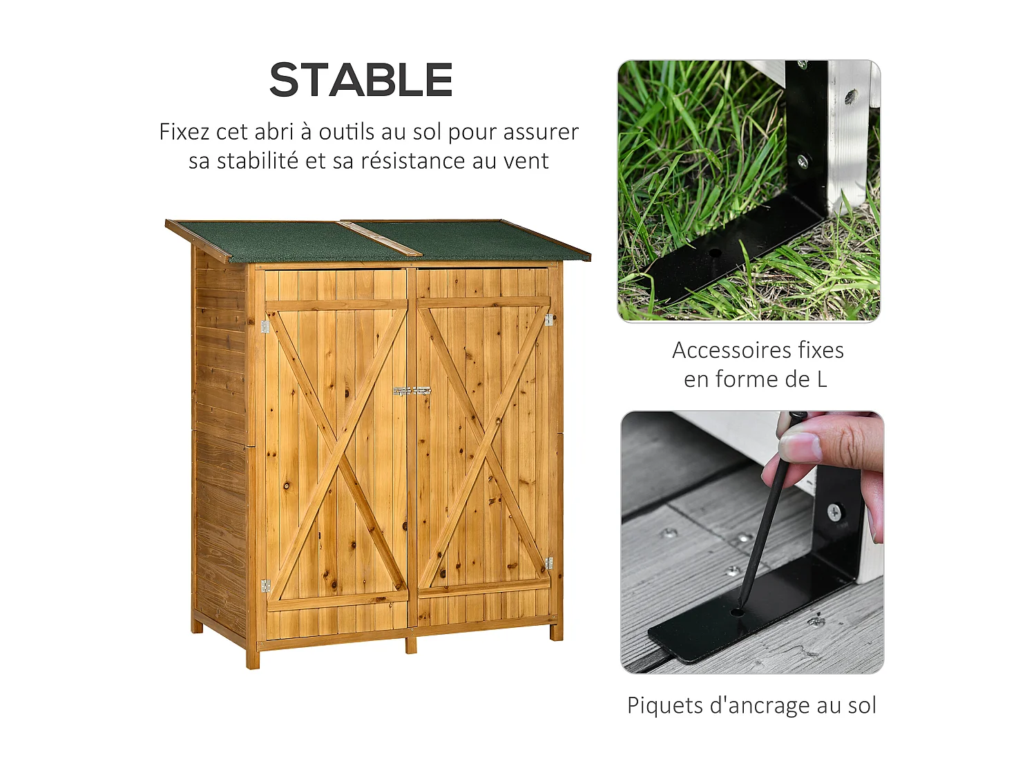 Abri de jardin armoire de jardin remise pour outils sur pied dim. 140L x 75l x 157H cm 2 étagères 2 portes toit bitumé étanche bois sapin pré-huilé