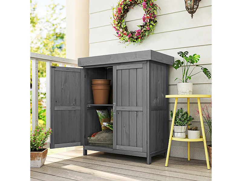 Armoire de jardin sur pied double porte étagère et toit bitumé relevable dim. 74L x 43l x 88H cm bois sapin gris