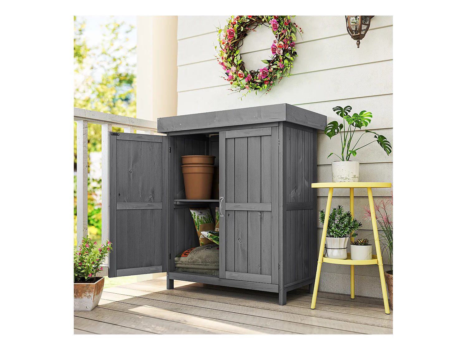 Armoire de jardin sur pied double porte étagère et toit bitumé relevable dim. 74L x 43l x 88H cm bois sapin gris