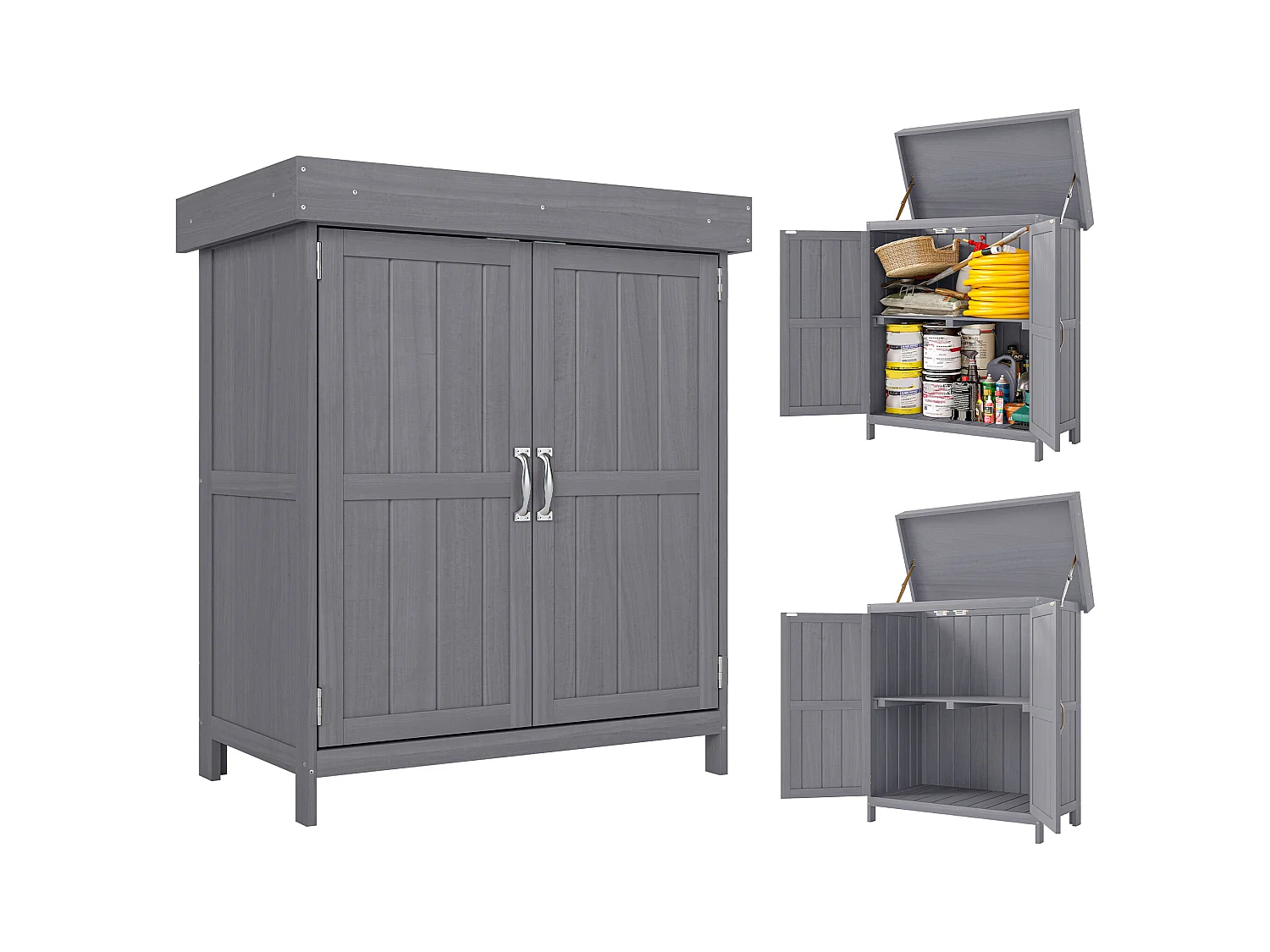 Armoire de jardin sur pied double porte étagère et toit bitumé relevable dim. 74L x 43l x 88H cm bois sapin gris