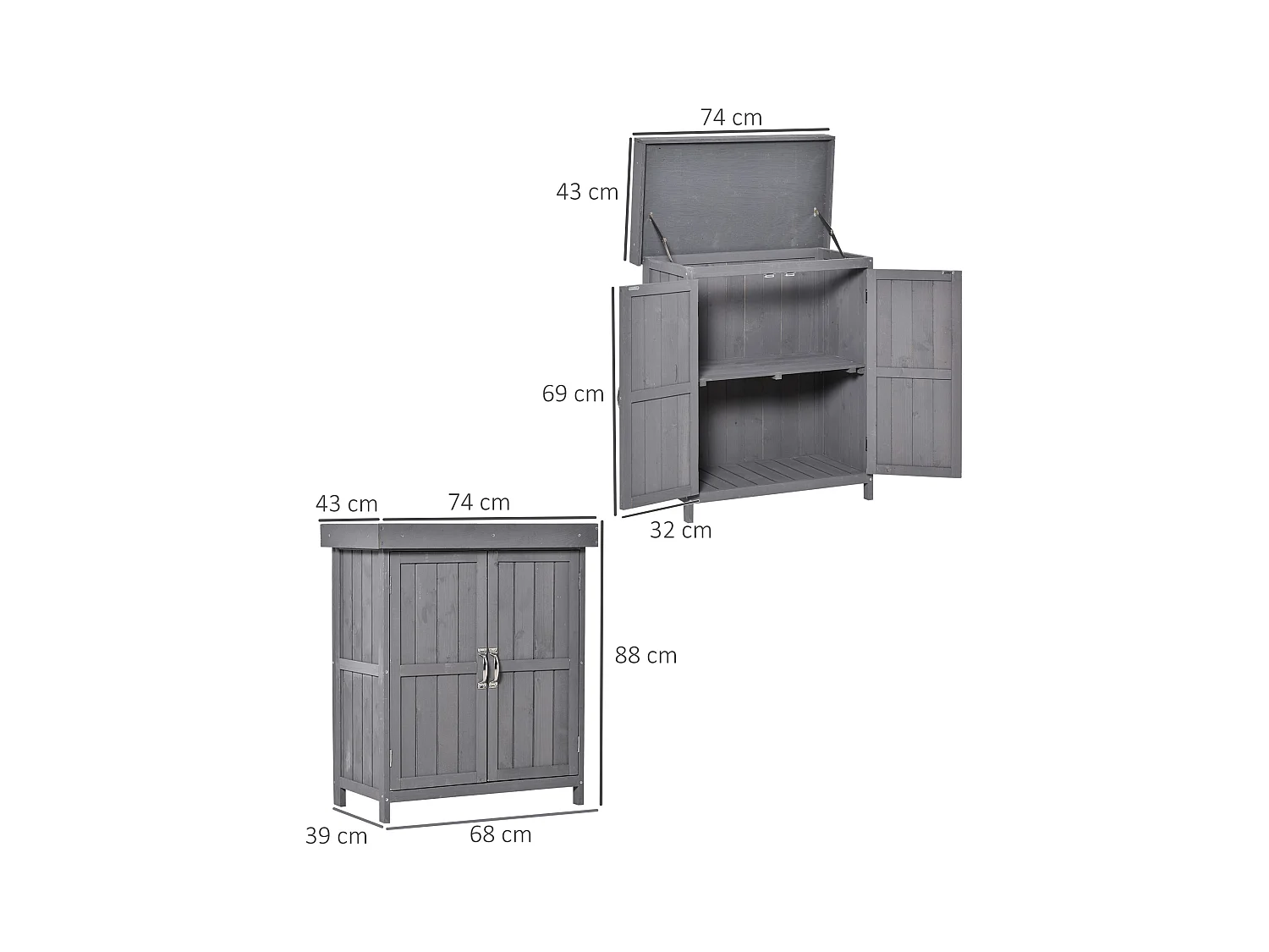 Armoire de jardin sur pied double porte étagère et toit bitumé relevable dim. 74L x 43l x 88H cm bois sapin gris
