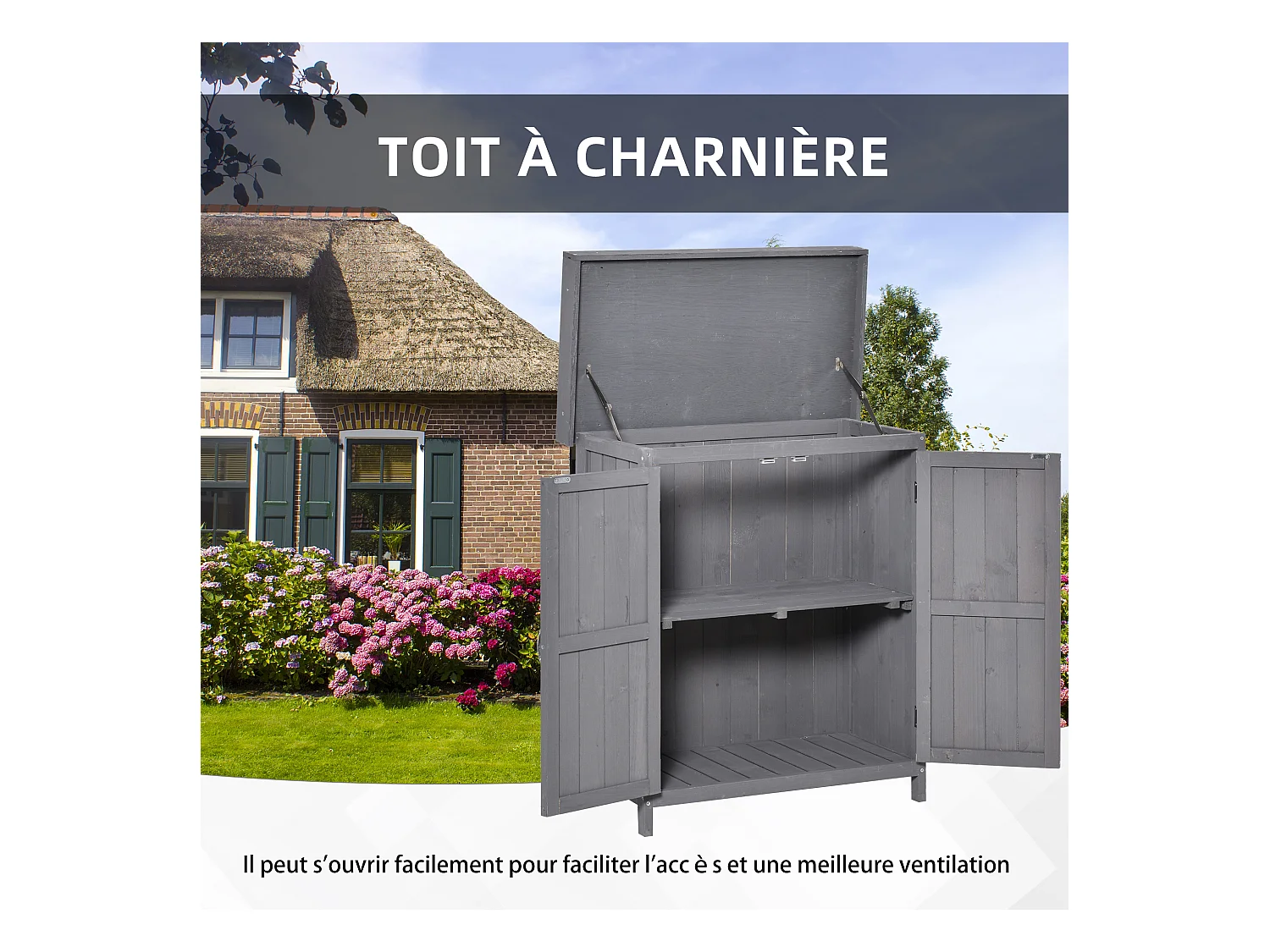 Armoire de jardin sur pied double porte étagère et toit bitumé relevable dim. 74L x 43l x 88H cm bois sapin gris