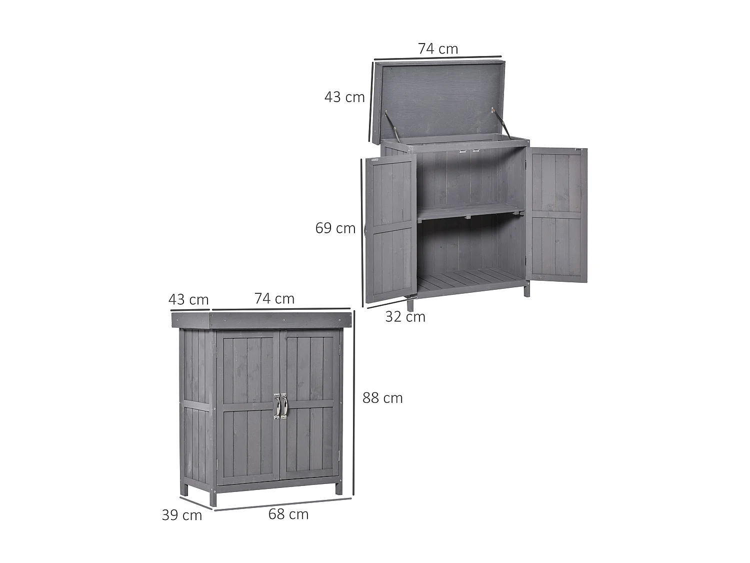 Armoire de jardin sur pied double porte étagère et toit bitumé relevable dim. 74L x 43l x 88H cm bois sapin gris