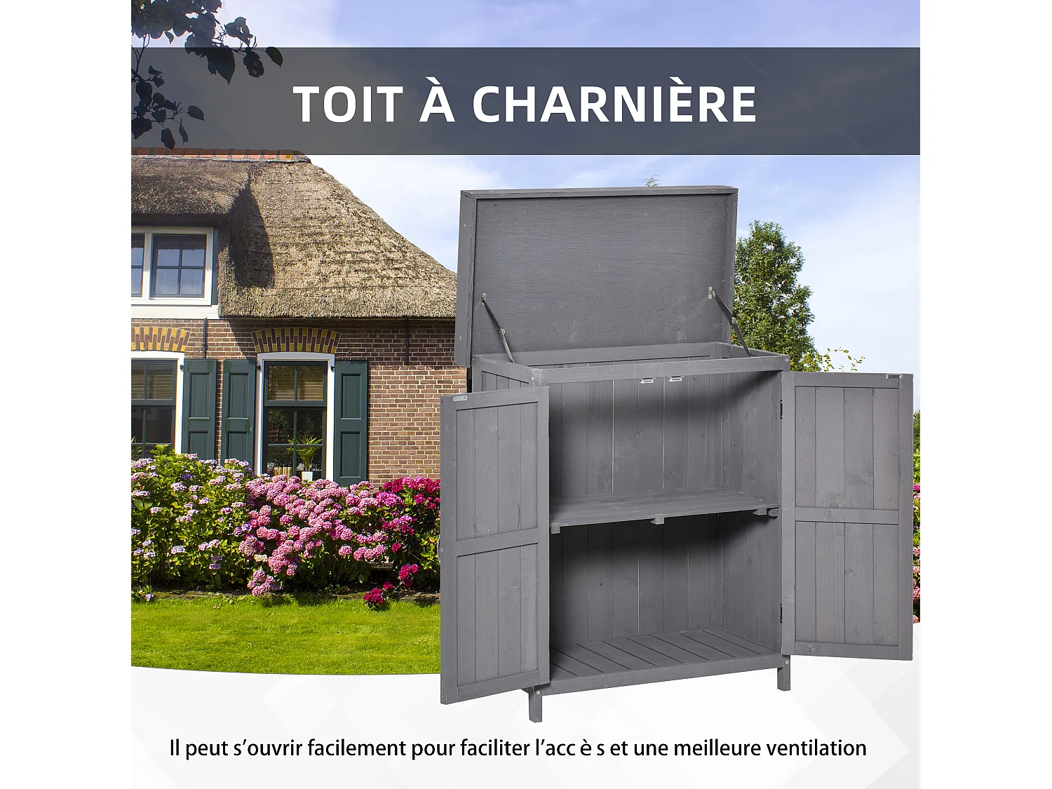 Armoire de jardin sur pied double porte étagère et toit bitumé relevable dim. 74L x 43l x 88H cm bois sapin gris