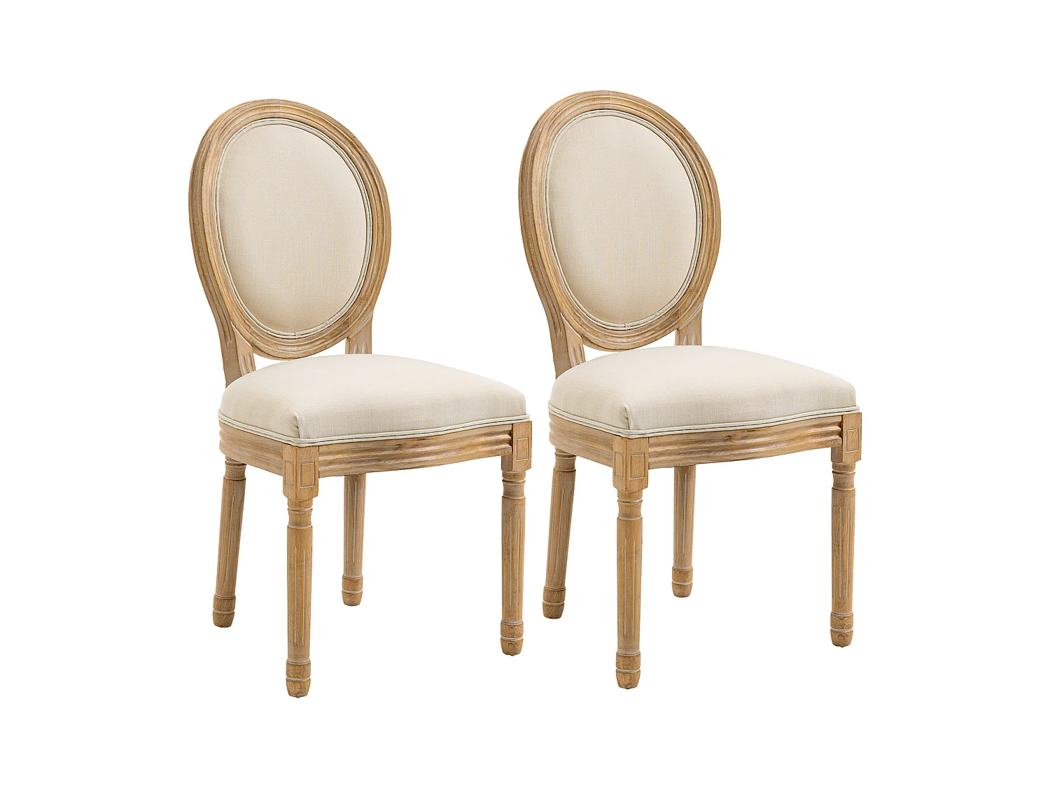 Lot de 2 chaises de salle à manger - chaise de salon médaillon style Louis XVI - bois massif sculpté, patiné - aspect lin beige