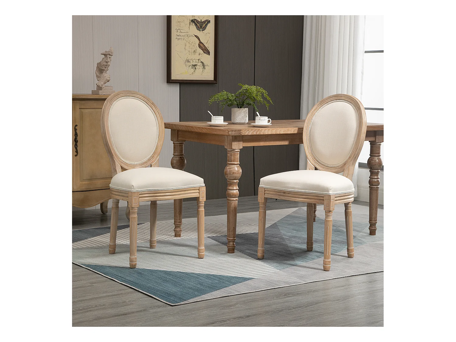 Lot de 2 chaises de salle à manger - chaise de salon médaillon style Louis XVI - bois massif sculpté, patiné - aspect lin beige