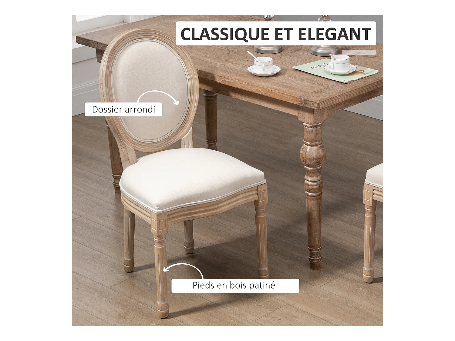 Lot de 2 chaises de salle à manger - chaise de salon médaillon style Louis XVI - bois massif sculpté, patiné - aspect lin beige