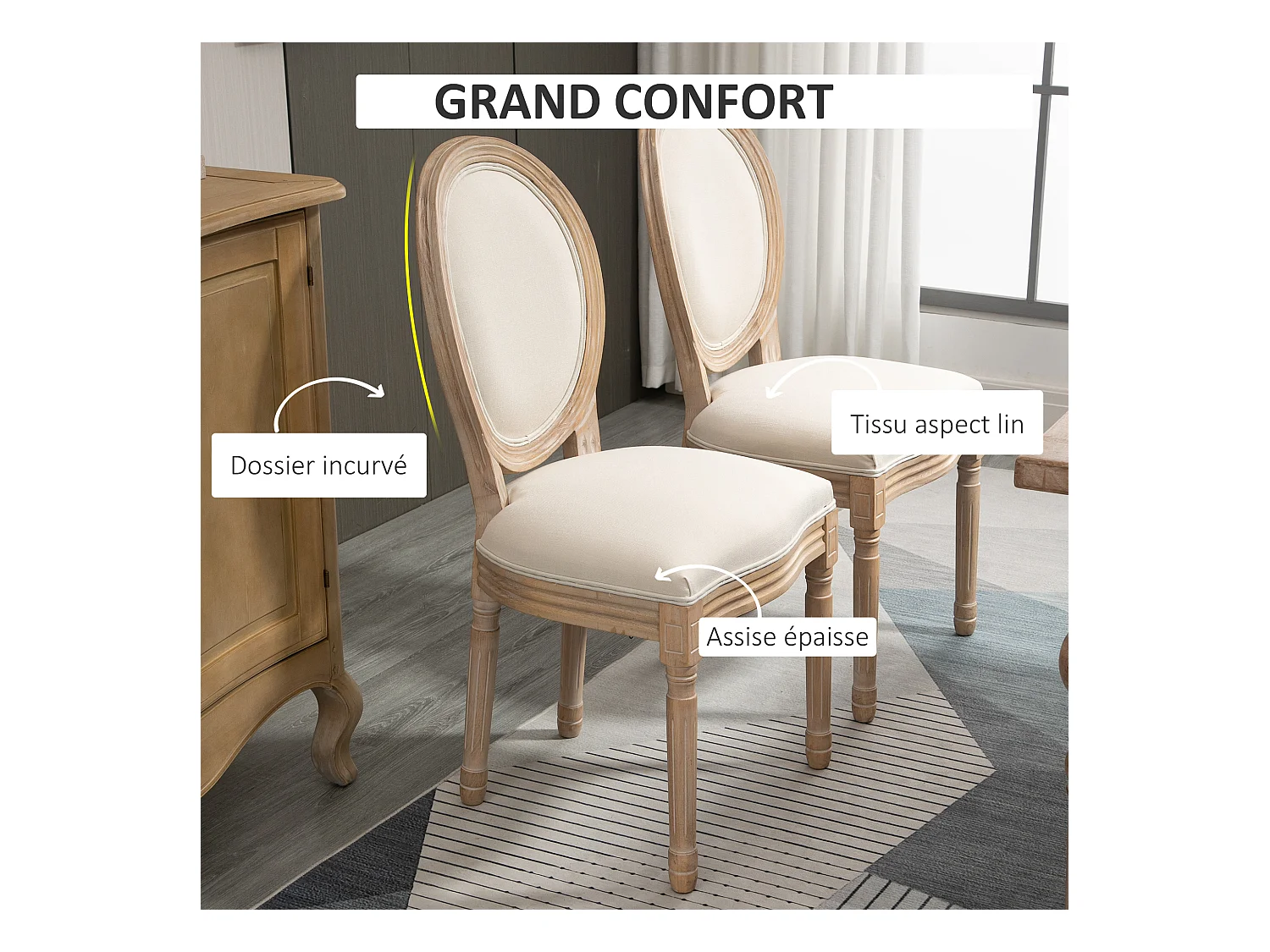 Lot de 2 chaises de salle à manger - chaise de salon médaillon style Louis XVI - bois massif sculpté, patiné - aspect lin beige