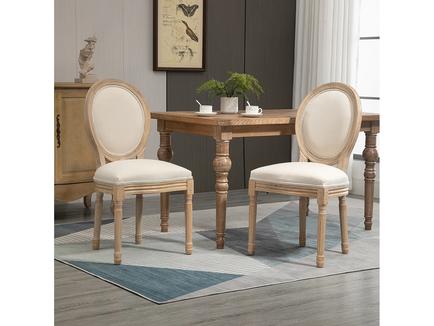 Lot de 2 chaises de salle à manger - chaise de salon médaillon style Louis XVI - bois massif sculpté, patiné - aspect lin beige